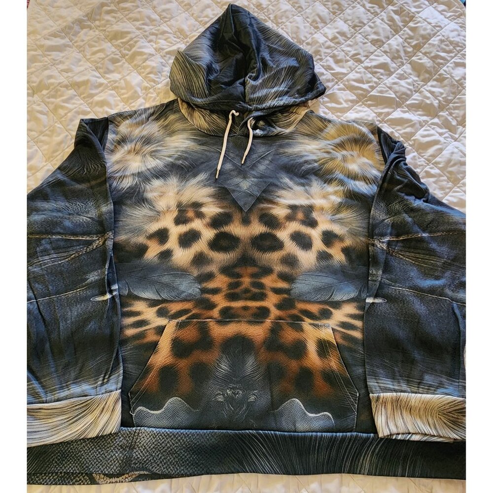 TEMU TEAL & BROWN ANIMAL-PRINT HOODIE WITH KANGAROO POCKETS